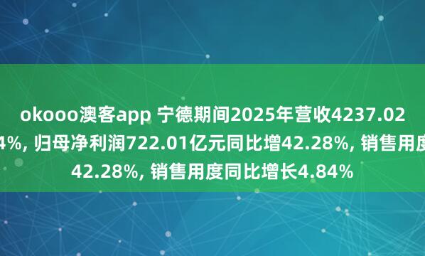 okooo澳客app 宁德期间2025年营收4237.02亿元同比增17.04%, 归母净利润722.01亿元同比增42.28%, 销售用度同比增长4.84%